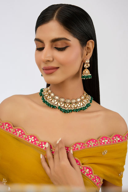 Gold Finish Moissanite & Pearl Necklace Set