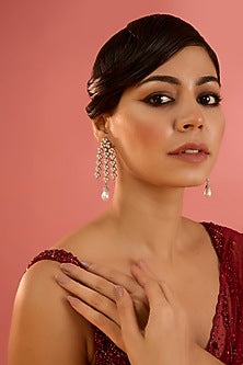 White Finish Diamond & Pearl Drop Dangler Earrings