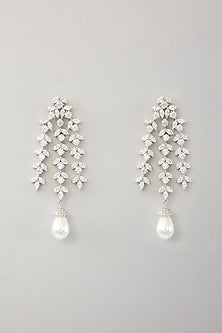 White Finish Diamond & Pearl Drop Dangler Earrings