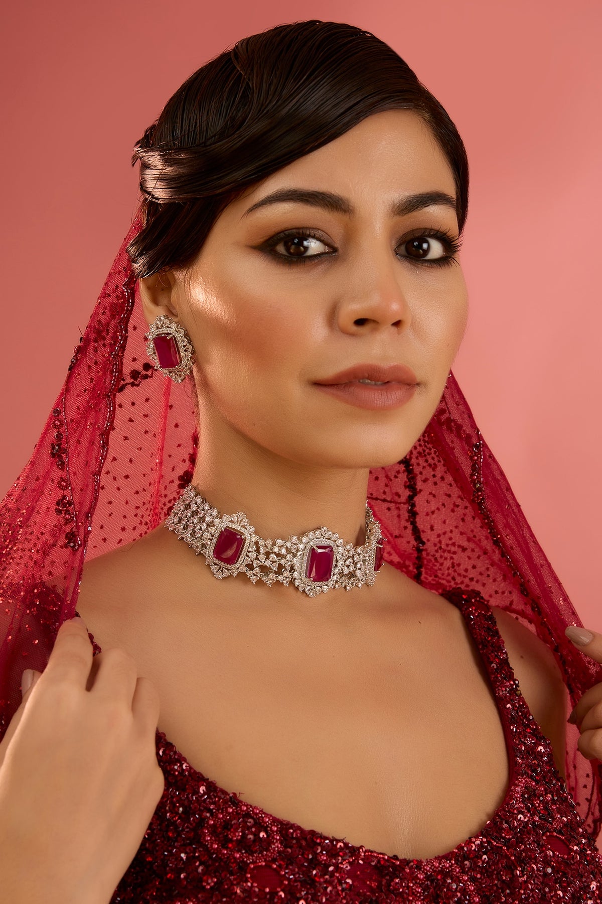 White Finish Diamond & Ruby Stone Choker Necklace Set