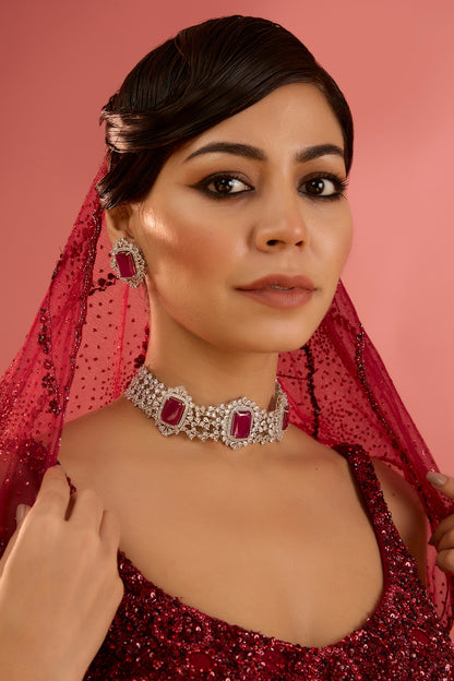 White Finish Diamond & Ruby Stone Choker Necklace Set