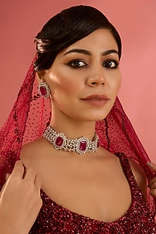 White Finish Diamond & Ruby Stone Choker Necklace Set