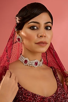White Finish Diamond & Ruby Stone Choker Necklace Set