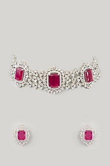 White Finish Diamond & Ruby Stone Choker Necklace Set