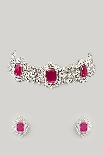 White Finish Diamond & Ruby Stone Choker Necklace Set
