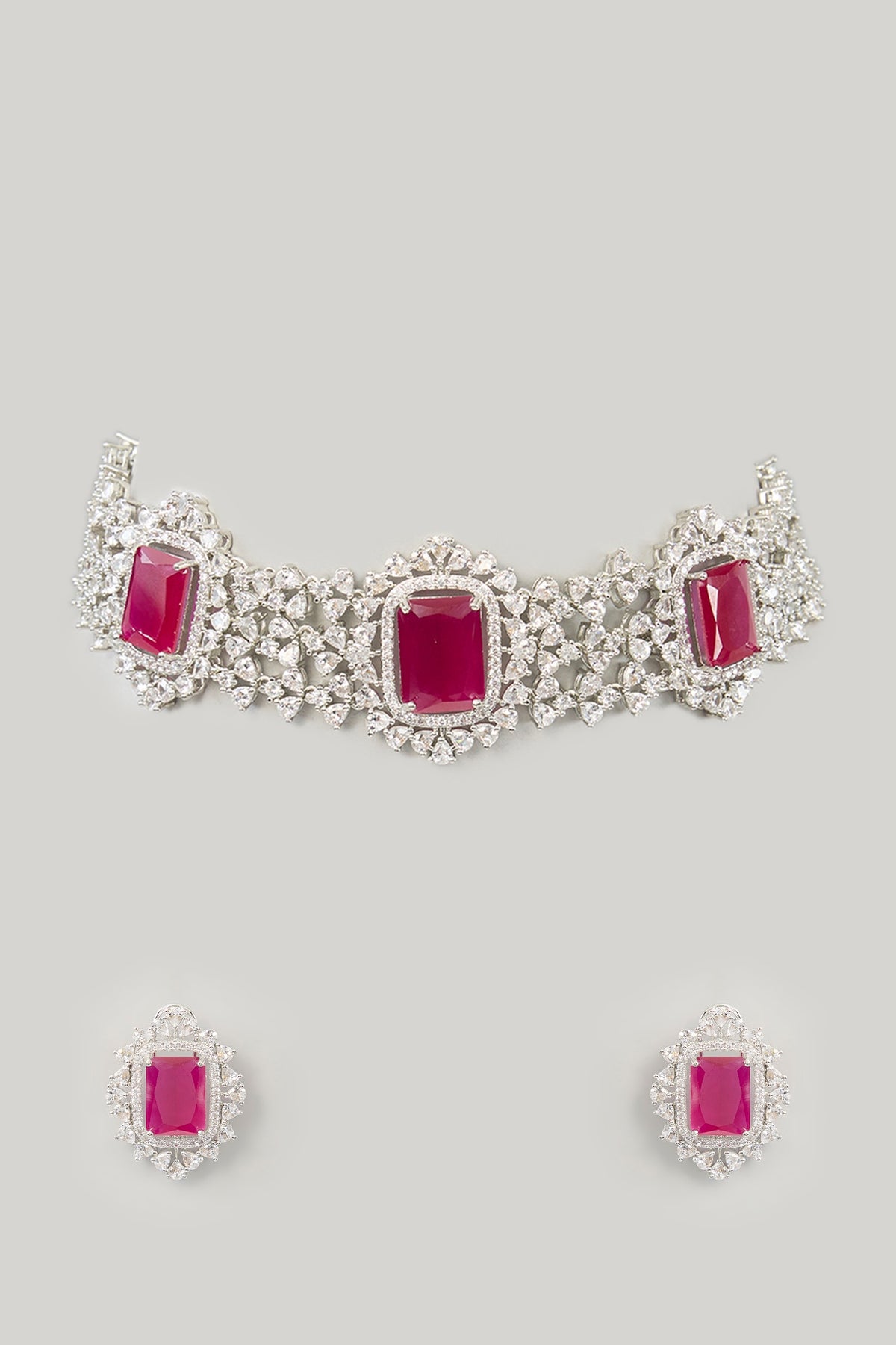 White Finish Diamond & Ruby Stone Choker Necklace Set