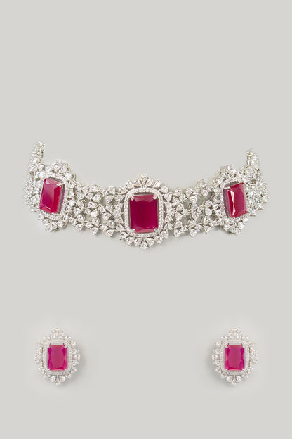White Finish Diamond & Ruby Stone Choker Necklace Set