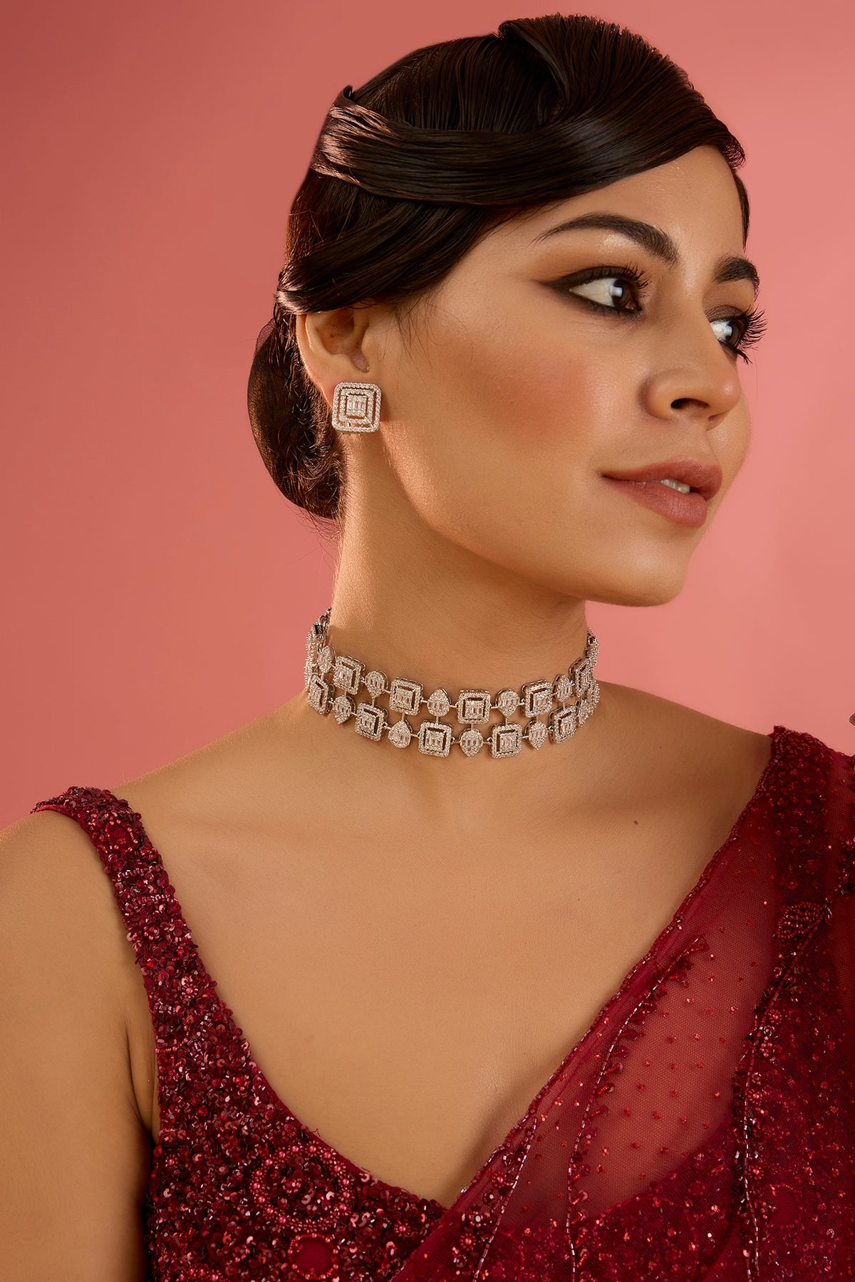 White Finish Diamond Choker Necklace Set