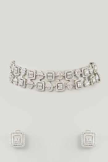 White Finish Diamond Choker Necklace Set