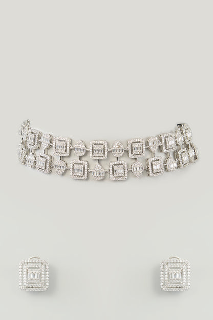 White Finish Diamond Choker Necklace Set