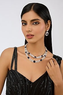 White Finish Diamond & Blue Sapphire Stone Layered Necklace Set