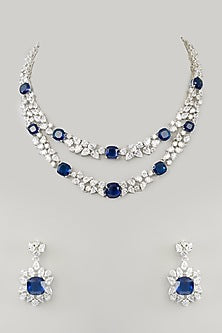 White Finish Diamond & Blue Sapphire Stone Layered Necklace Set