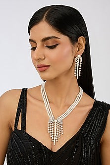 White Finish Diamond & Pearl Long Necklace Set