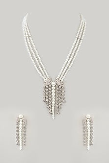White Finish Diamond & Pearl Long Necklace Set