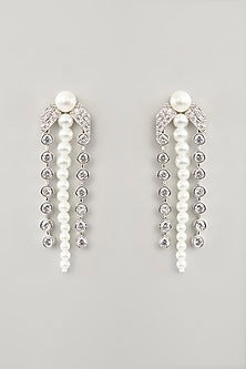 White Finish Diamond & Pearl Long Necklace Set