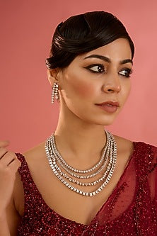 White Finish Diamond Long Layered Necklace Set