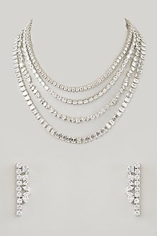 White Finish Diamond Long Layered Necklace Set