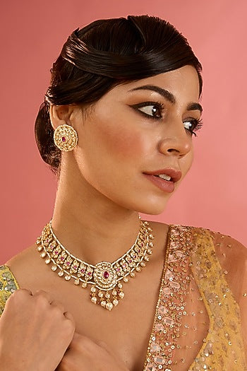 Gold Plated Kundan Polki & Pink Stone Choker Necklace Set