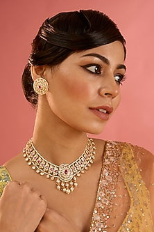 Gold Plated Kundan Polki & Pink Stone Choker Necklace Set