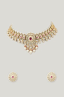 Gold Plated Kundan Polki & Pink Stone Choker Necklace Set