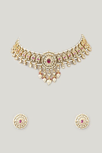 Gold Plated Kundan Polki & Pink Stone Choker Necklace Set