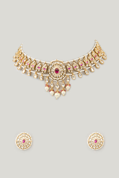 Gold Plated Kundan Polki & Pink Stone Choker Necklace Set