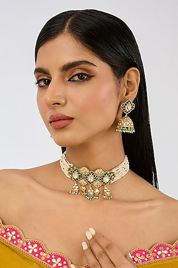 Gold Plated Kundan Polki & Pearl Choker Necklace Set