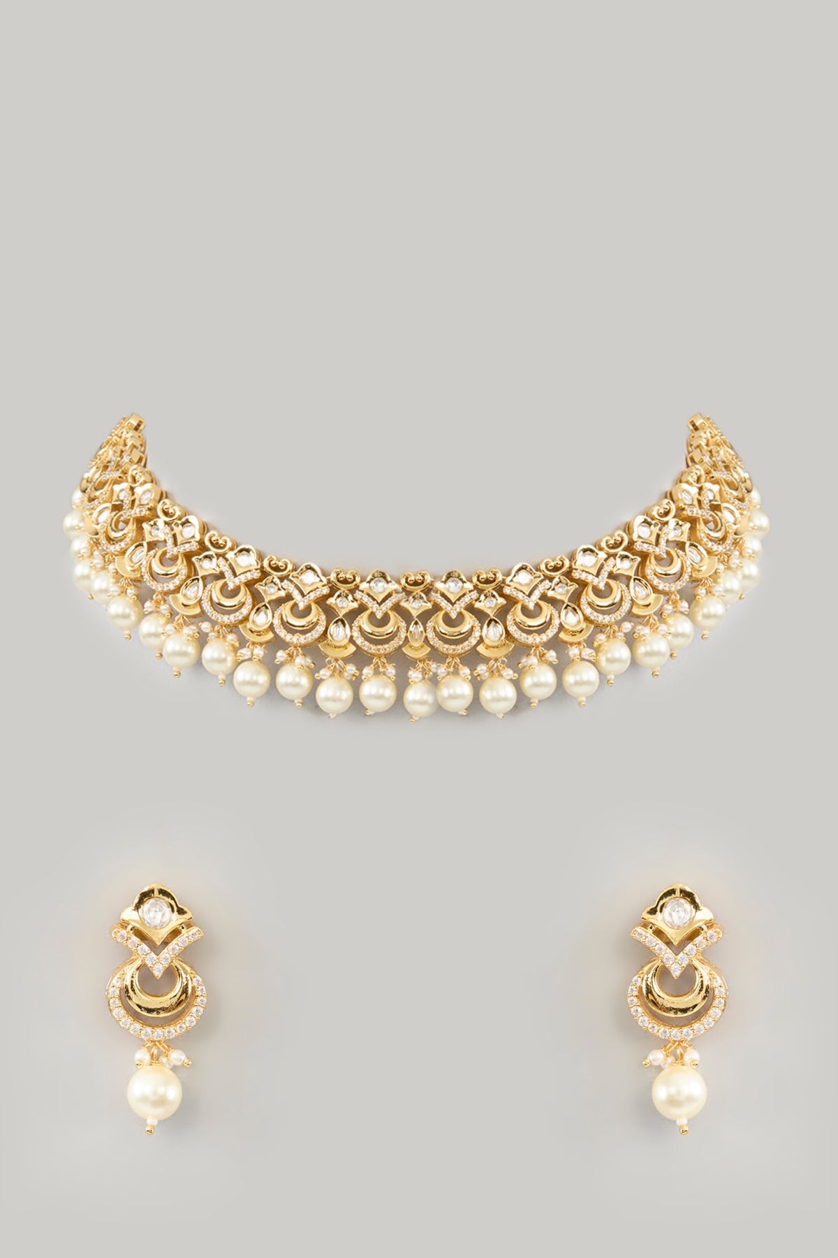 Gold Finish Kundan Polki & Pearl Necklace Set