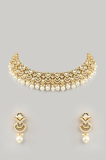 Gold Finish Kundan Polki & Pearl Necklace Set