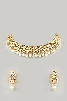 Gold Finish Kundan Polki & Pearl Necklace Set