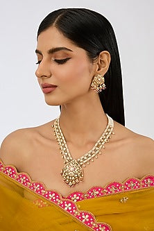 Gold Finish Kundan Polki & Pearl Long Necklace Set