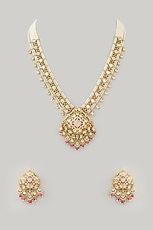 Gold Finish Kundan Polki & Pearl Long Necklace Set