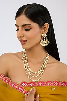 Gold Finish Kundan Polki Layered Necklace Set