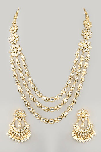 Gold Finish Kundan Polki Layered Necklace Set