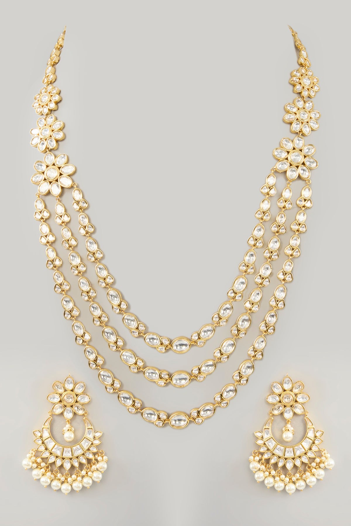 Gold Finish Kundan Polki Layered Necklace Set