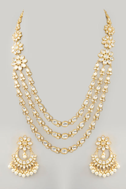 Gold Finish Kundan Polki Layered Necklace Set