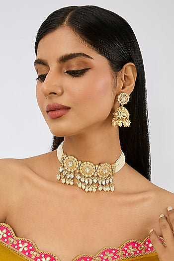 Gold Plated Kundan Polki & Pearl Choker Necklace Set