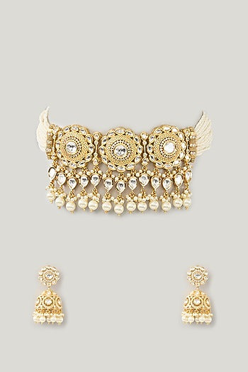 Gold Plated Kundan Polki & Pearl Choker Necklace Set
