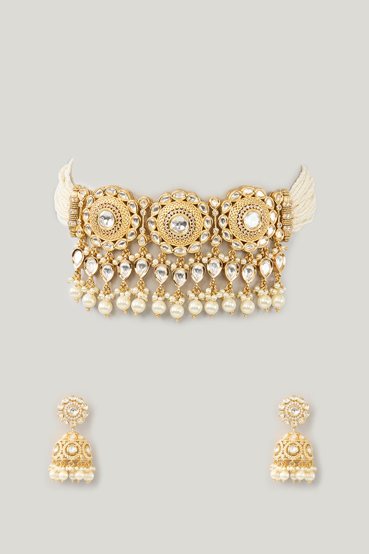 Gold Plated Kundan Polki & Pearl Choker Necklace Set