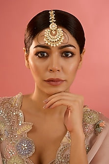 Gold Finish Kundan Polki & Pearl Maangtikka