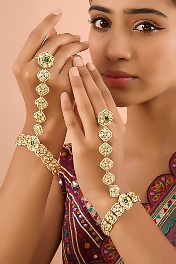 Gold Finish Kundan Polki Hathphool (Set Of 2)