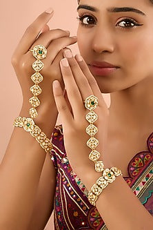 Gold Finish Kundan Polki Hathphool (Set Of 2)
