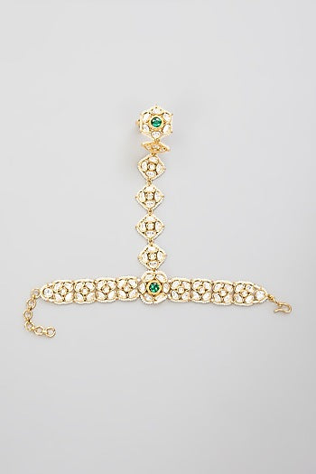 Gold Finish Kundan Polki Hathphool (Set Of 2)