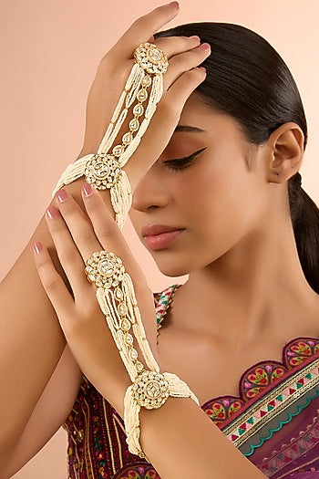 Gold Finish Kundan Polki Hathphool (Set Of 2)