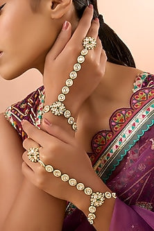 Gold Finish Kundan Polki Hathphool (Set Of 2)