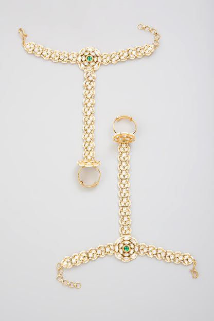 Gold Finish Kundan Polki Hathphool (Set Of 2)