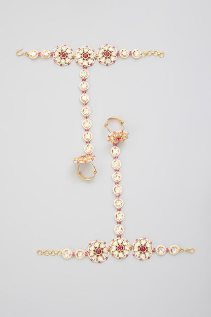 Gold Finish Kundan Polki Hathphool (Set Of 2)