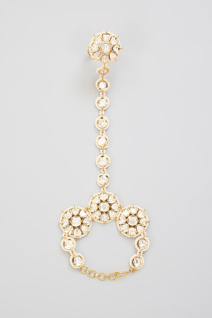 Gold Finish Kundan Polki Hathphool (Set Of 2)