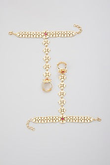 Gold Finish Kundan Polki Hathphool (Set Of 2)