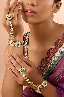 Gold Finish Kundan Polki Hathphool (Set Of 2)